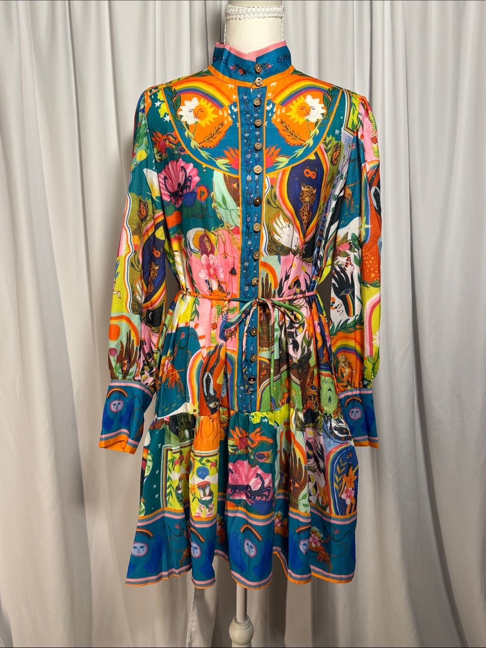 Bold Multi-Color Printed Long-Sleeve Tie-Waist Dress